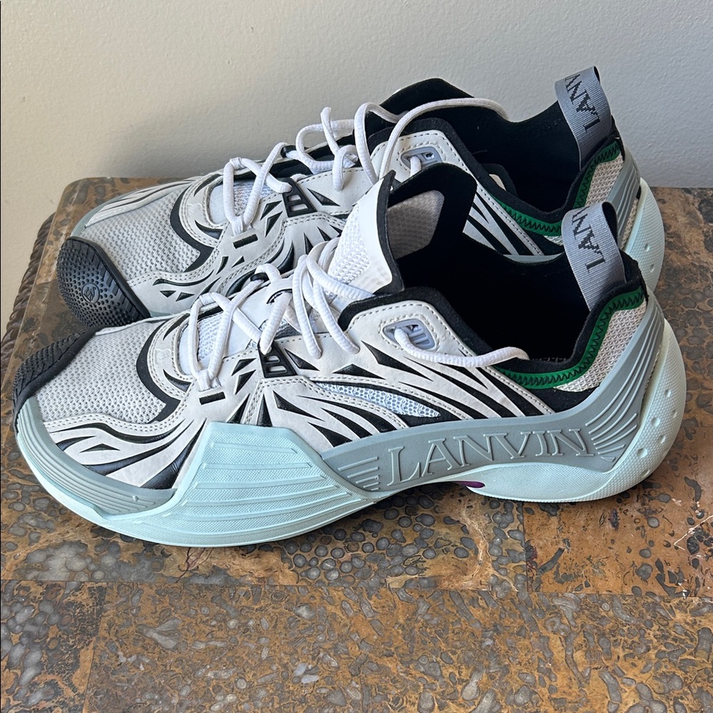 Lanvin White and Black Athletic Shoes with Green Highlights
